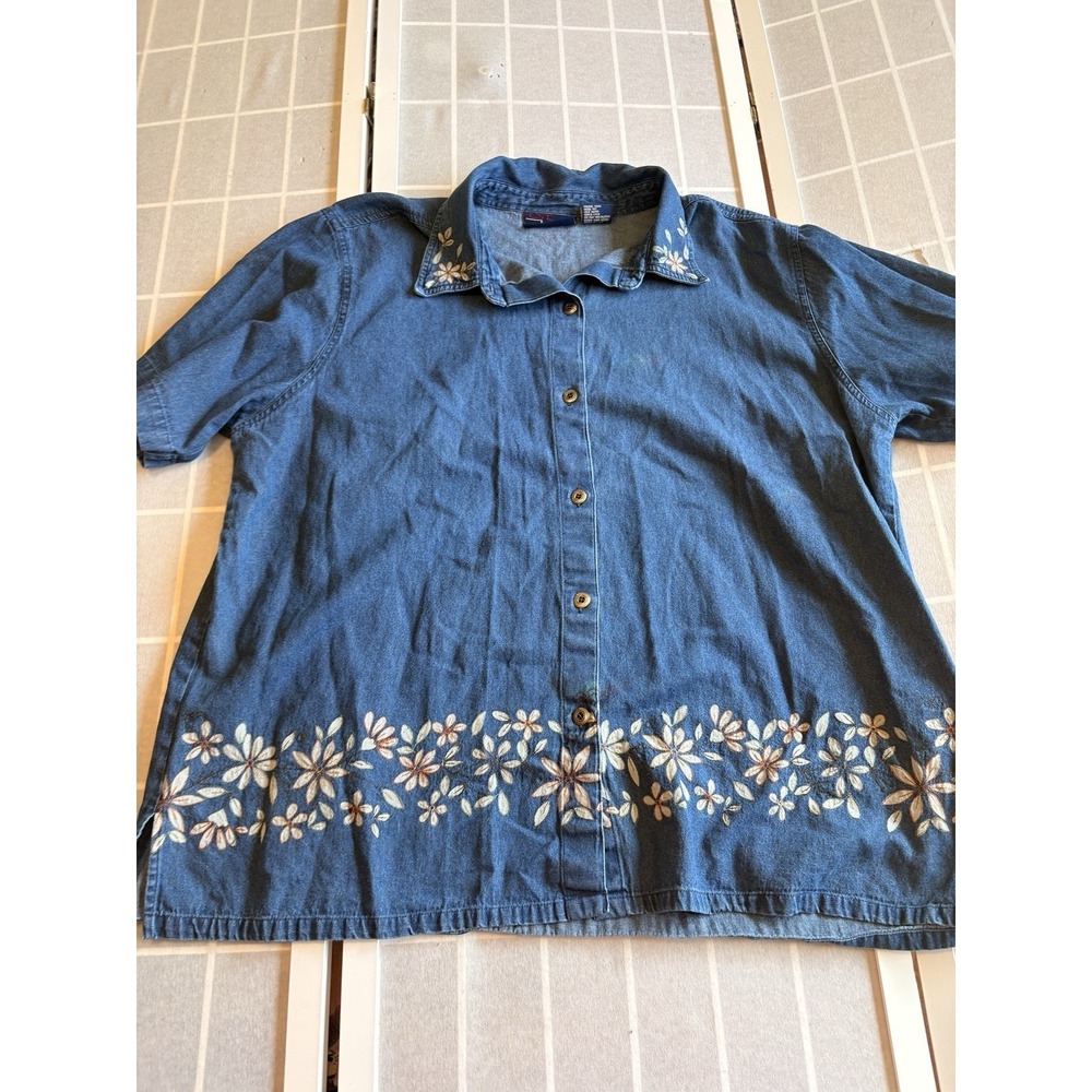VTG CST Blues 2X Plus Denim Embroidered‎ Floral Cottage Coastal Grandma Top 90s